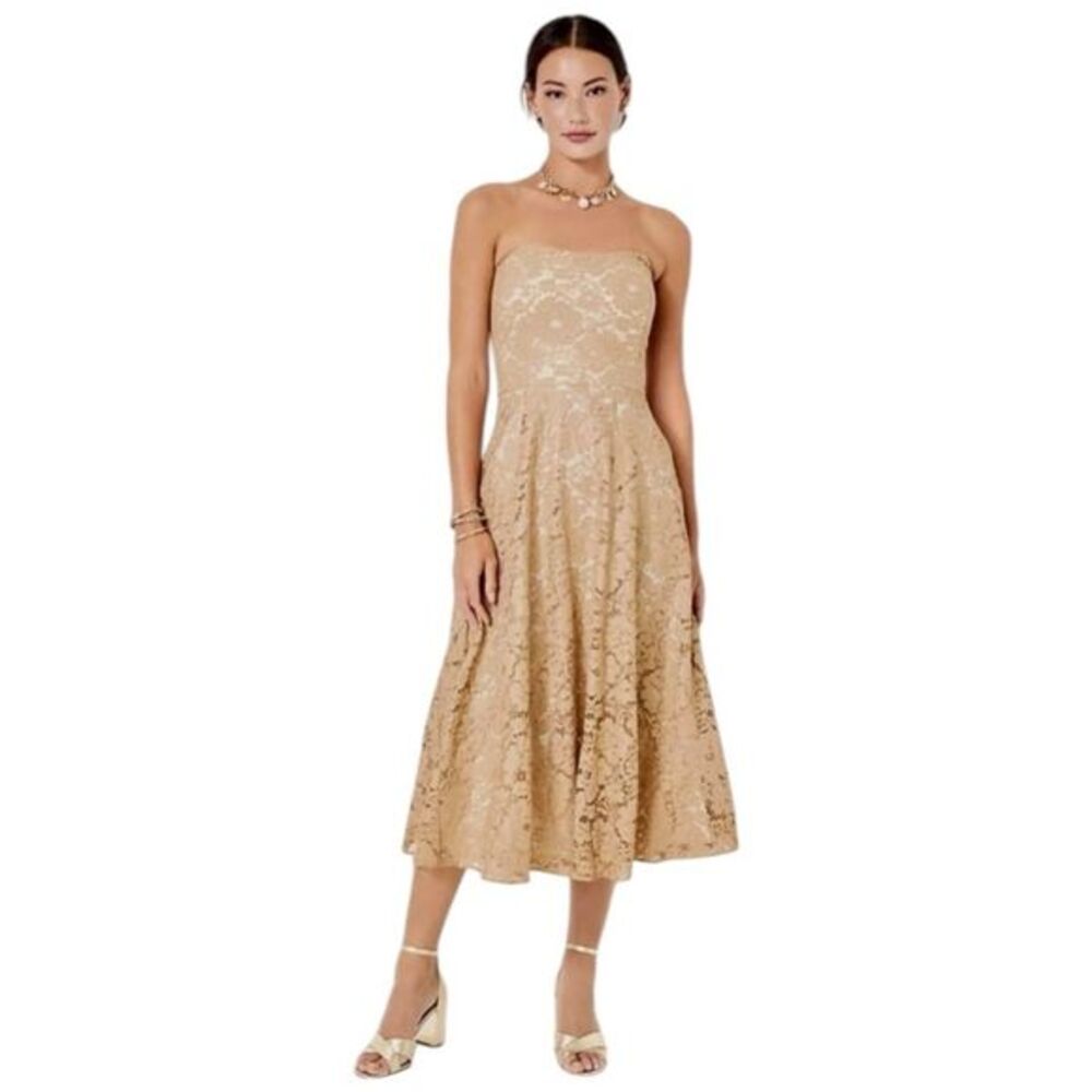 Lilly Pulitzer Sz 10 Aubrianna Strapless‎ Midi Dress Gold Lace Metallic Gown NWT